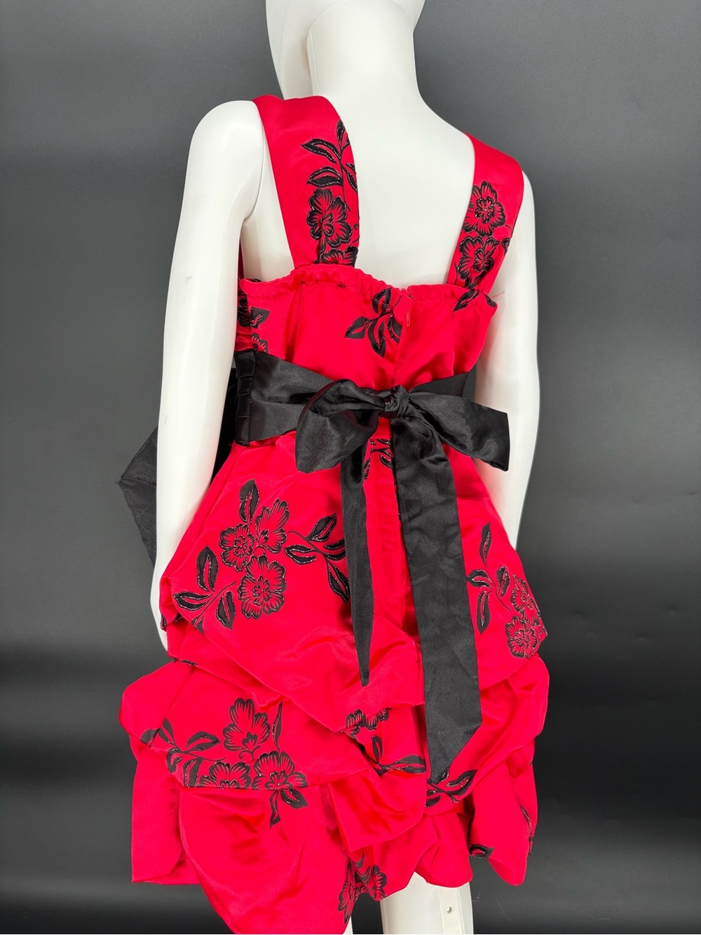 Sequin Hearts Red Floral Tiered Dress with Black Bow